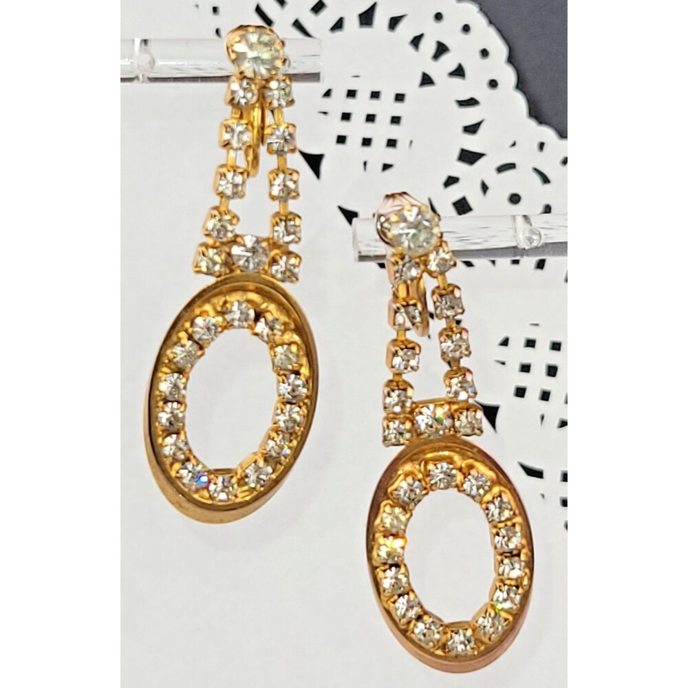 💖Vintage 60s White Rhinestone Crystal Gold Tone Chandelier 2.25" Clip Earrings